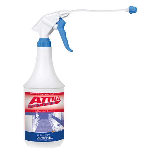 Weiße 1L Sprühflasche mit blauem Auslöser und der Aufschrift "Dr. Schnell ATTILA EXTRA STARK Grill- und Backofenreiniger, Küchenhygiene" der DR.SCHNELL GmbH & Co. KGaA, mit einem rot-blauen Etikett mit deutschem Text für Küchenhygiene.