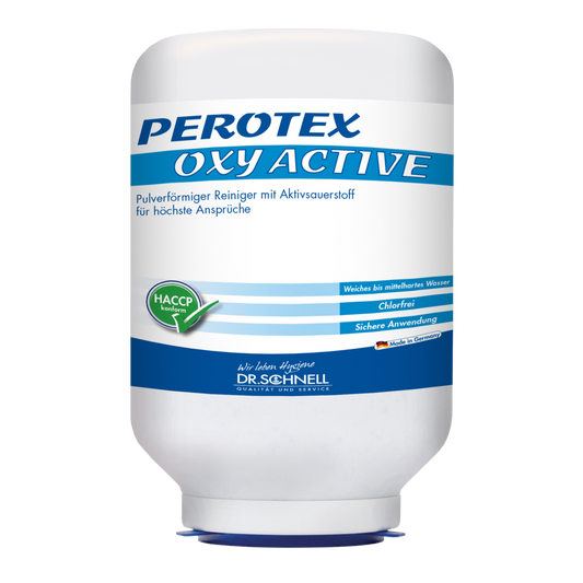 Eine weiße 3 kg-Kartusche mit der Bezeichnung "PEROTEX OXY ACTIVE" der DR.SCHNELL GmbH & Co. KGaA ist ein professionelles Geschirrspülmittel mit Aktivsauerstoff, HACCP-Zertifizierung und deutscher Anleitung für gewerbliche Maschinen.