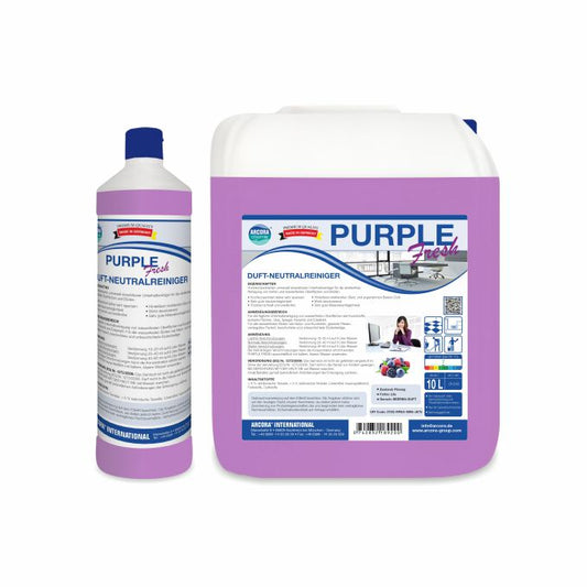 Eine 1-Liter-Flasche und ein 10-Liter-Kanister Arcora PURPLE FRESH DUFT-NEUTRALREINIGER von Arcora International GmbH, ein pH-neutraler violetter Reiniger mit blauen, weißen und roten Produktetiketten.