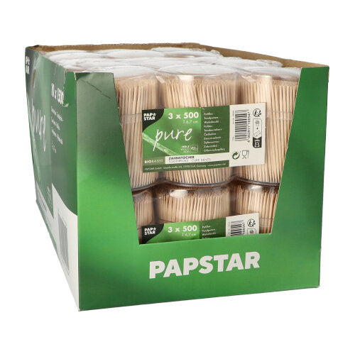 Eine Pappschachtel mit der Aufschrift "PAPSTAR GmbH" enthält mehrere eingeschweißte Packungen PAPSTAR Zahnstocher aus Holz "pure", rund, 6,7 cm im Spender (1500 Stück), in denen hochwertige Holzzahnstocher fein säuberlich präsentiert werden.