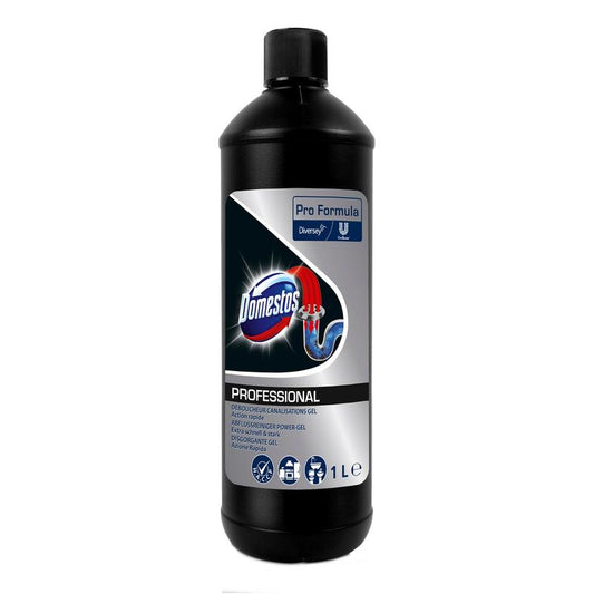 Eine schwarze 1-Liter-Flasche DOMESTOS Professional Abflussreiniger Power-Gel von Diversey Deutschland GmbH & Co. OHG mit blau-silbernem Etikett - ideal als kraftvoller Abflussreiniger (Rohrfrei) zur effektiven Beseitigung von Verstopfungen.