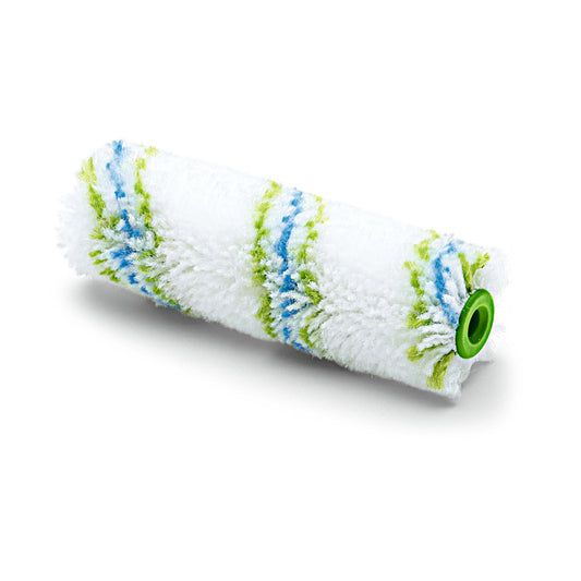 Nahaufnahme der Nölle Profi Brush Meisterflor Kleinflächenwalze 10 cm / Ø 17 mm von Nölle Profi Brush Bürsten- & Pinseltechnik e.K., weißes flauschiges Material mit blauen und grünen Streifen, ideal für präzises Arbeiten auf kleinen Flächen.