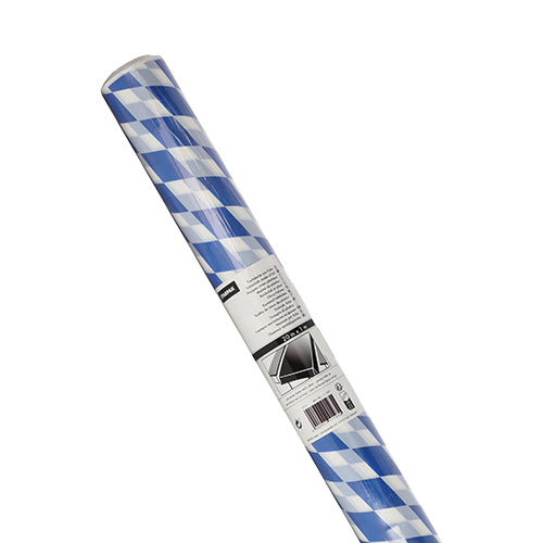 Eine Rolle Starpak Tischdecke, Folie 20 m x 1 m „Bayrisch Blau“ mit blau-weißem Rautenmuster; schräg abgebildet, das Etikett ist unten sichtbar. Marke: Starpak.