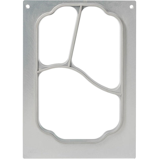 Die rechteckige Kassette DF10/20 der Duni GmbH für 3-Kammer-PP-Schalen (550/350/200 ml) hat einen Ausschnitt mit drei kleinen Oberteilen und einem größeren Unterteil sowie zwei kleine runde Löcher in den oberen Ecken.