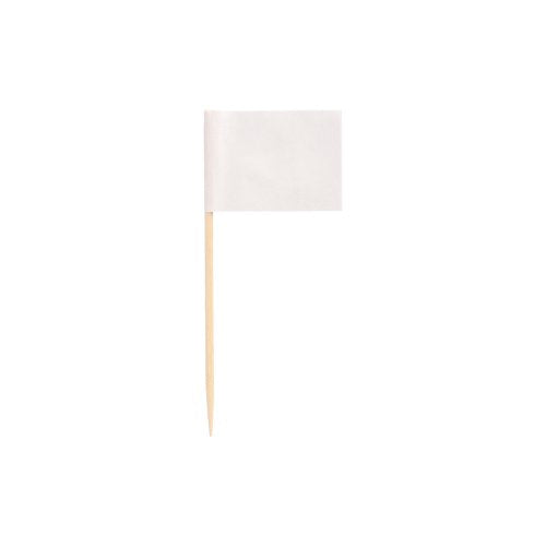 Eine kleine, schlichte weiße rechteckige Flagge der PAPSTAR GmbH – PAPSTAR 500 Deko-Picker 8 cm weiss – wird auf einem Holzpickel vor weißem Hintergrund präsentiert und eignet sich ideal für stilvolle Präsentationen.