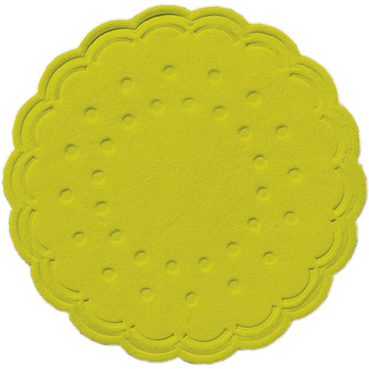 Ein runder, kiwifarbener Tassenuntersetzer (Ø 7,5 cm) der Duni GmbH mit stilvollem Design, von oben gesehen auf weißem Grund; erhältlich in Packungen zu 250 Stück oder in Sets zu 8 Stück.