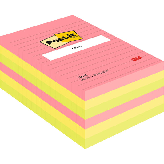 Ein 6er-Pack großer, linierter Post-it® Notizen (101 × 152 mm) in verschiedenen Neonfarben von 3M Deutschland GmbH, PEFC-zertifiziert (SGSCH-PEFC-COC-110078), mit sichtbarem Post-it- und 3M-Logo auf dem obersten Blatt.