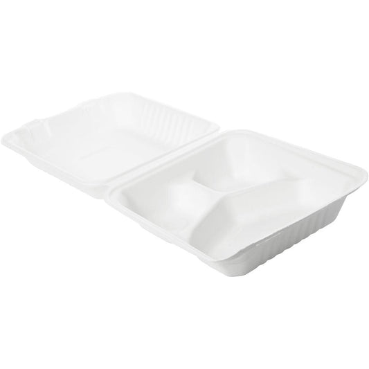 Die Menübox 325/70/60 ml aus weißer Bagasse von Duni GmbH (225x201x85 mm, 3-geteilt) ist eine nachhaltige, offene Einweg-Verpackung im 50er-Pack für umweltbewussten Genuss.
