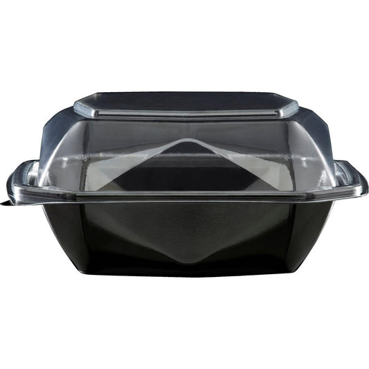 Der Octaview® S Lebensmittelbehälter der Duni GmbH (APET 150x150x70, Schwarz/Transparent) ist geschlossen und leer abgebildet, mit schwarzem Boden und klarem Scharnierdeckel für eine gute Sichtbarkeit des Inhalts. Packungsgröße: 400 Stück.