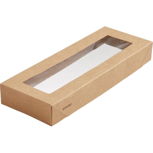 Der Viking Slim Brick Deckel von Duni GmbH ist eine braune Pappschachtel (225x85x30 mm) mit einem PLA-Fenster auf der Oberseite für bessere Sichtbarkeit. Diese umweltfreundliche Verpackung ist schlicht, minimal beschriftet und hat sauber gefaltete Ecken. Verpackung: 300 Stück.
