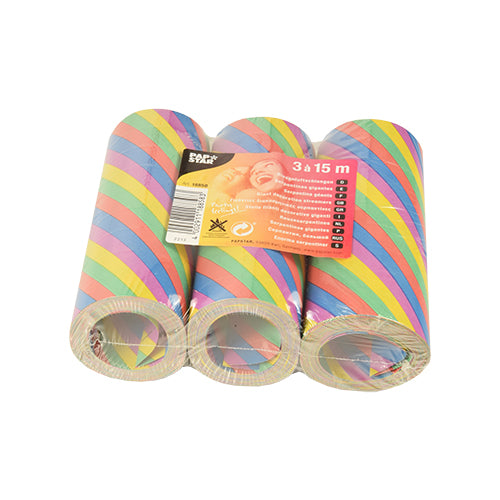 Drei Rollen PAPSTAR 3 Riesenluftschlangen (15 m, flammhemmend) der PAPSTAR GmbH, in bunten Schrägstreifen und Kunststoffverpackung mit orangefarbenem Etikett – ideal zur Partydekoration.