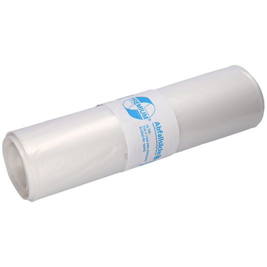 Eine Rolle EMIL DEISS KG (GmbH + Co.) DEISS 19005 transparente Müllsäcke (700x1100x0,07 mm, 25 Stück) mit weißem und blauem Etikett, abgebildet auf einem einfarbig weißen Hintergrund.