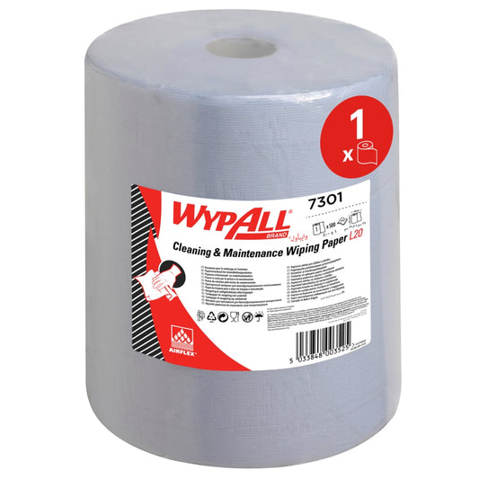 Das WypAll® L20 Papierwischtuch für Instandhaltungsarbeiten Großrolle von Kimberly-Clark GmbH in Blau (7301) bietet 500 extra breite Tücher für effiziente Reinigung, ideal für Industrieanwendungen. 1 Rolle pro Karton.