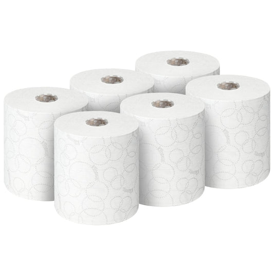 Sechs Rollen Kleenex® ULTRA™ Handtücher, je 150m, von Kimberly-Clark GmbH sind auf einfarbig weißem Hintergrund abgebildet - ideal zum hygienischen Händetrocknen. Jede Packung enthält 6 weiße Rollen.