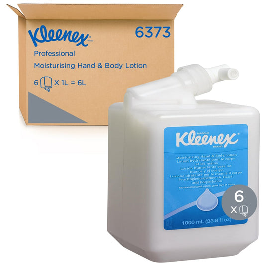 Eine 1-Liter Kleenex® feuchtigkeitsspendende Hand- und Körperlotion (von Kimberly-Clark GmbH) wird vor einer Schachtel mit der Aufschrift "6 Kartuschen" gezeigt - ein Karton, der sechs 1-Liter-Lotion-Kassetten für die professionelle Pflege enthält.