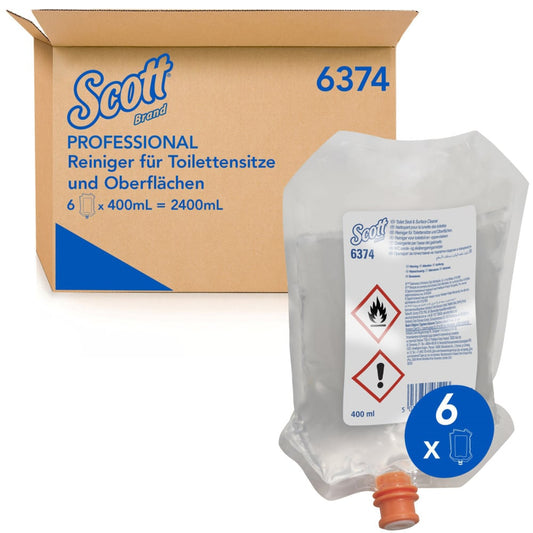 Eine Pappschachtel mit der Aufschrift "Scott® Reiniger für Toilettensitze und andere Oberflächen" von Kimberly-Clark GmbH mit einem transparenten 400ml Spenderbeutel vorne, Gefahrensymbolen und "6 x 400 ml" für die hygienische Reinigung.