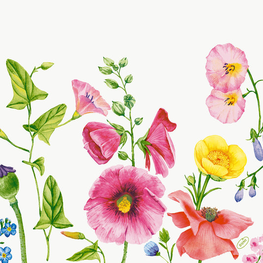 Bunte Blüten wie rosa Stockrosen und gelbe Butterblumen mit grünen Blättern auf weißem Untergrund - ideal als blumiges Wiesenmuster für Duni GmbH Servietten 40x40 cm 4-lagig Klassik Flowy Meadow Papierservietten (50 Stück).