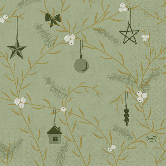 Duni Servietten 1/4-Falz "Noel" (33x33 cm, pistaziengrün) von Duni GmbH zeigen ein grünes Design mit goldenen Zweigen, weißen Beeren, Sternen, Schleifen, einem Haus und Ornamenten für eine festliche Tafel. Packung mit 250 Stück.