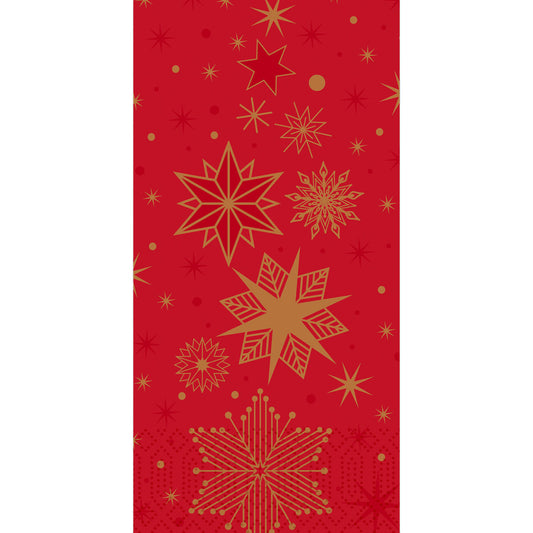 Die Duni Servietten 3-lagig, 40x40 cm in rot, "Stargazing" von Duni GmbH haben einen roten Hintergrund mit goldenen und hellroten Sternen und Schneeflocken in verschiedenen Größen und Designs. Die Packung enthält 250 Stück.