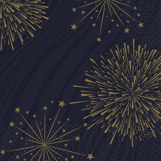 Mit einem dunkelblauen Hintergrund mit goldenen Feuerwerkskörpern und Sternen verleihen diese festlichen Duni GmbH Servietten 33x33 3lagig 1/4 Sparkly black (Packung 50 Stück) jeder Veranstaltung einen feierlichen Touch. Perfekt für stilvoll und modern gedeckte Tische.