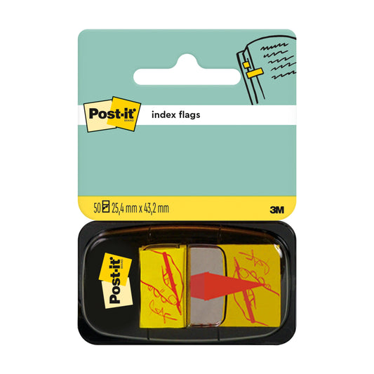 Der Post-it® Index Haftstreifen, Standard, Gelb (25,4 mm x 43,2 mm) von 3M Deutschland GmbH enthält 50 gelbe Fähnchen mit nach rechts zeigenden roten Pfeilen in einem schwarzen Spender. Auf der Verpackung befindet sich eine Grafik mit einem beflaggten Dokument.