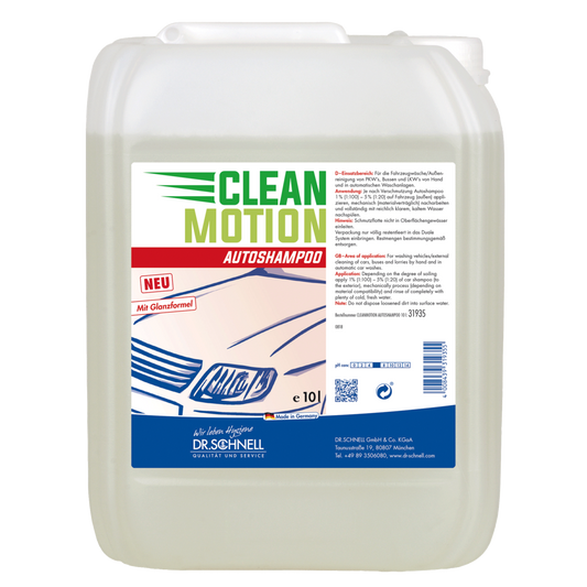 Ein 10-Liter-Kunststoffbehälter von Dr. Schnell CLEANMOTION AUTOSHAMPOO von DR.SCHNELL GmbH & Co. KGaA, ideal für die professionelle Autowäsche. Das Etikett zeigt ein Auto, eine deutsche Produktinformation, eine Gebrauchsanweisung; die Flüssigkeit ist klar oder hell.