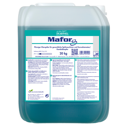 Ein 20 kg Kunststoffbehälter Dr. Schnell MAFOR EVO S Klarspüler für Geschirrspülmaschinen der DR.SCHNELL GmbH & Co. KGaA, zur streifenfreien Trocknung und Kalkvermeidung; Etikett mit Infos, Hinweisen, Warnungen in deutscher Sprache.