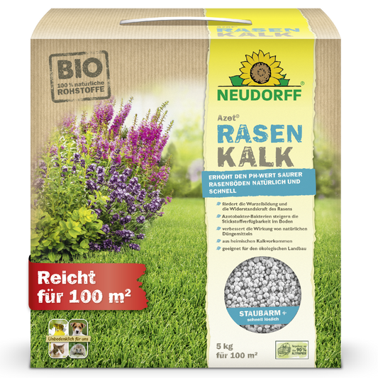Eine 5 kg Kiste Azet RasenKalk von Neudorff Shop mit grünem Rasen und violetten Blumen, inklusive Griff und rotem Etikett "Reicht für 100 m²". Ideal zur Bekämpfung von Moos.