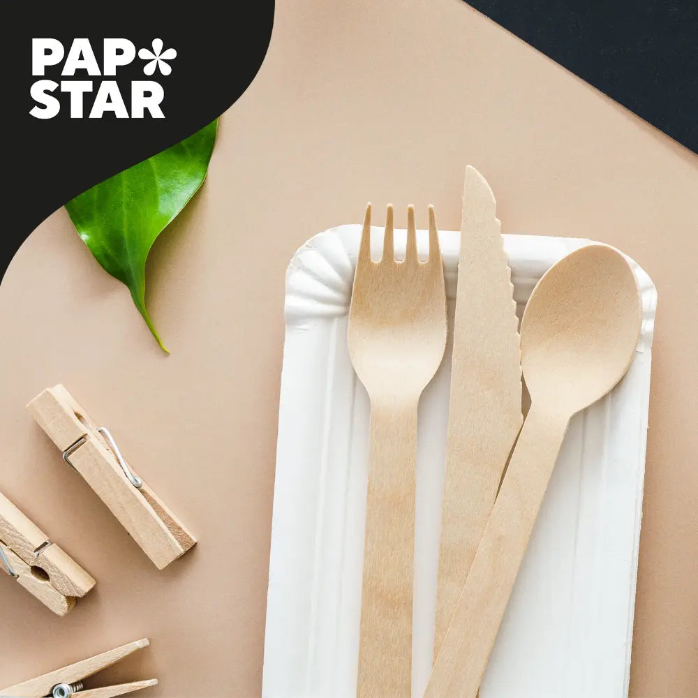 Ein Einwegteller aus Papier mit einer Holzgabel, einem Messer und einem Löffel steht auf einer beigen Fläche. Ein grünes Blatt, zwei hölzerne Wäscheklammern und das Papstar-Logo sind ebenfalls auf dem Bild zu sehen.