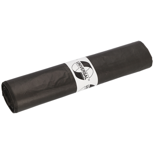 Aufgerollter grauer DEISS 44008 Müllbeutel (650x650x0,02 mm, 50 Stück/Rolle) der EMIL DEISS KG, mit einer strapazierfähigen Rolle und einem weißen "UNIVERSAL"-Etikett mit Recycling-Symbol in der Mitte.