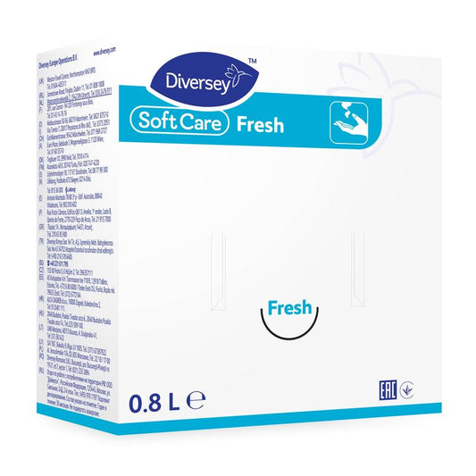 Das Bild zeigt eine überwiegend weiße 0,8-Liter-Box der Soft Care Fresh, Milde Handwaschlotion von Diversey Deutschland GmbH & Co. OHG mit blauem Text, Produkt- und Markenlogos und einem Symbol für Hände, die zur sanften Reinigung gewaschen werden.