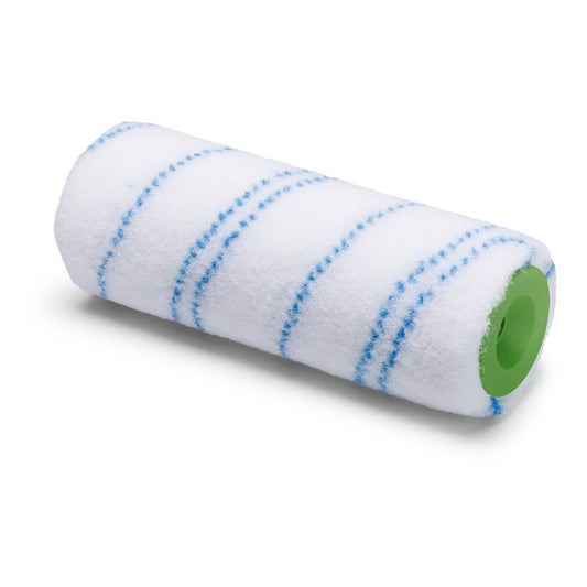 Die Nölle Profi Brush Malerwalze Nylon 18 cm, Ø 48 mm, 6 mm Florhöhe von Nölle Profi Brush Bürsten- & Pinseltechnik e.K. ist auf weißem Grund mit blauen Streifen und grünem Kern abgebildet, konzipiert für beste Farbergebnisse.