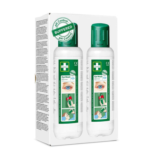 Die Cederroth Augenspülung 2 x 500 ml, 2er-Pack von Orkla Wound Care AB enthält zwei Flaschen mit grünem Verschluss und klarer Anleitung - ein Muss für die schnelle Hilfe bei Augenverletzungen.