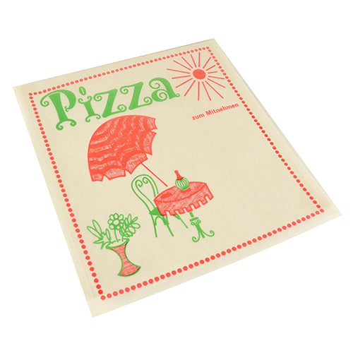 Die Pizzataschen Pergamin 30x30 cm der PAPSTAR GmbH sind mit dem rot-grünen Schriftzug "Cafeteria", dem großen Schriftzug "Pizza" und dem Schriftzug "zum Mitnehmen" versehen. Fettdicht und ideal für Pizza zum Mitnehmen. Packung mit 100 Stück, in Schrumpffolie verpackt.