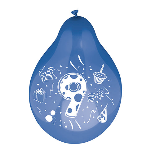 Ein Zahlenluftballon (6er-Set, Ø 25cm, farbig sortiert) der PAPSTAR GmbH mit der weißen Zahl 9, umgeben von den Abbildungen eines Geschenks, einer Partymütze, einer Geburtstagstorte, eines Kerzen-Cupcakes, einer Schleife und Konfetti.