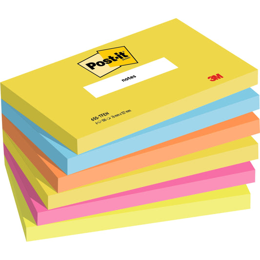 Ein Stapel von sechs rechteckigen Post-it® Notes, Energetic Collection (76 mm x 127 mm, 100 Blatt/Block), von 3M Deutschland GmbH. Enthält verschiedene Farben und zeigt das Post-it- und das 3M-Logo auf dem oberen Block. 100% PEFC-zertifiziert.
