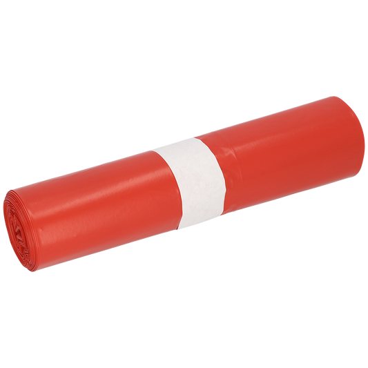 Eine Rolle DEISS 91044 roter Müllbeutel (Typ 70, 300+250x600 mm, Packung mit 25 Stück) von EMIL DEISS KG (GmbH + Co.), gesichert mit einem einfachen weißen Papierband, dargestellt auf weißem Hintergrund.