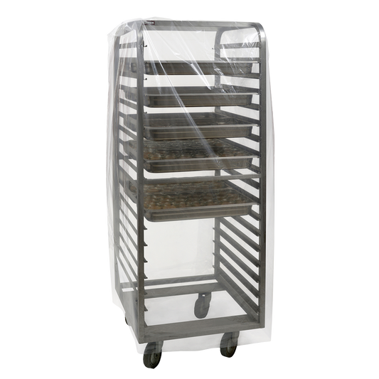 Ein Bäckereiregal aus Metall mit mehreren Fächern wird von einer transparenten Hordenwagenabdeckung DEISS 99261 (950+750x1800x0,03 mm) der EMIL DEISS KG abgedeckt, die die Lebensmittelsicherheit in einem schlichten Weiß hervorhebt.