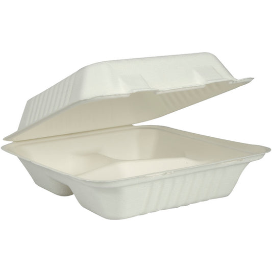 Die weiße Menübox aus Bagasse von Abena Re-Seller GmbH (3-geteilt, 22,3x20x7,8 cm) ist offen mit leicht angehobenem Deckel zu sehen und zeigt ihre drei Innenfächer. Packung à 50 Stück.