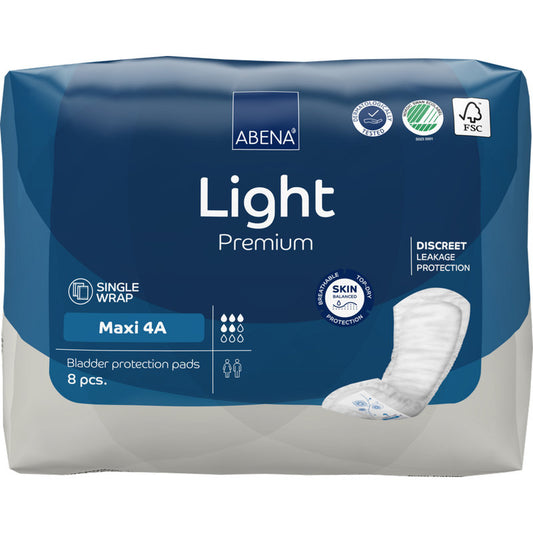Eine Packung ABENA Light Maxi 4A, Premium (8 Stück) der Abena Re-Seller GmbH mit blau-weißer Verpackung und Tamponmotiv wirbt für diskreten Schutz und ein hautfreundliches Design bei Inkontinenz.
