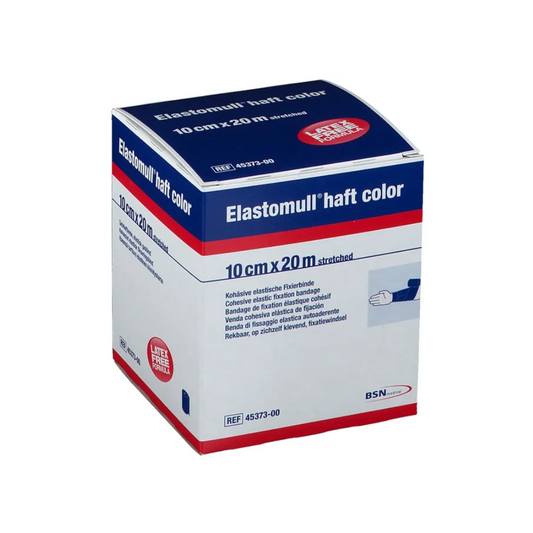 Ausgestellt ist eine BSN Elastomull® haft Farbbox der BSN Medical GmbH, die überwiegend in Blau und Weiß mit roten Akzenten gehalten ist. Die Maße „10 cm x 20 m gedehnt“ sind deutlich zu erkennen. Dieses latexfreie Polymerprodukt wird als kohäsive, elastische Fixierbinde beschrieben.