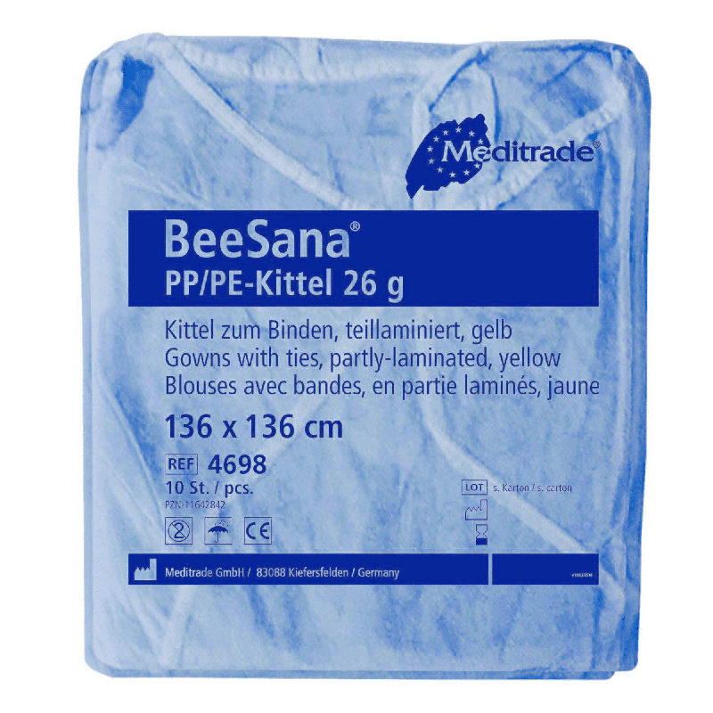En blåförpackad Meditrade BeeSana® PP/PE-skyddsrock, 26 g, 10-pack, märkt med text som anger produktinformation såsom material, färg, storlek och förpackningsinnehåll. Denna skyddsrock är avsedd som skydd.