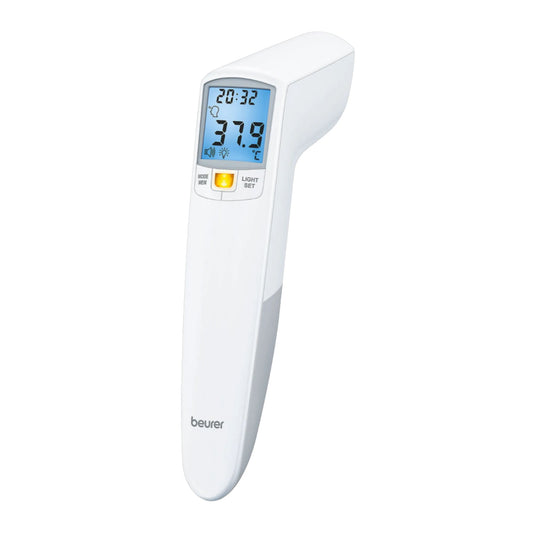 Das Auslaufartikel Beurer kontaktloses Thermometer FT 100 misst Fieber kontaktlos per Infrarot, zeigt 37,9°C sowie die Uhrzeit (20:32) auf blauem Display an; unten ist das Beurer GmbH-Logo abgebildet.
