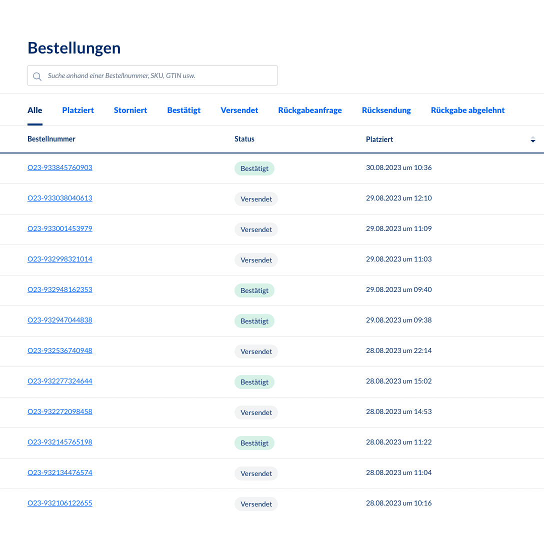 En skärmdump av backend-orderhanteringssystemet Altruan MetroSync: Metro Market till Weclapp Orderhantering, som visar en tabell med ordernummer och statusuppdateringar. Varje rad innehåller ordernummer, status, SKU, skapelsedatum och -tid. De flesta status visar