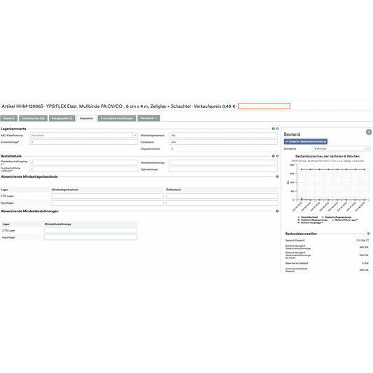 Screenshot einer Computerschnittstelle mit detaillierten Produktinformationen für einen Artikel mit dem Titel „SmartStock Calculator: Weclapp Mindest- und Zielbestandsrechner nach Verbrauch“, der verschiedene Attribute, Preise und ein Verkaufsdiagramm über den Cloud-basierten Altruan anzeigt.