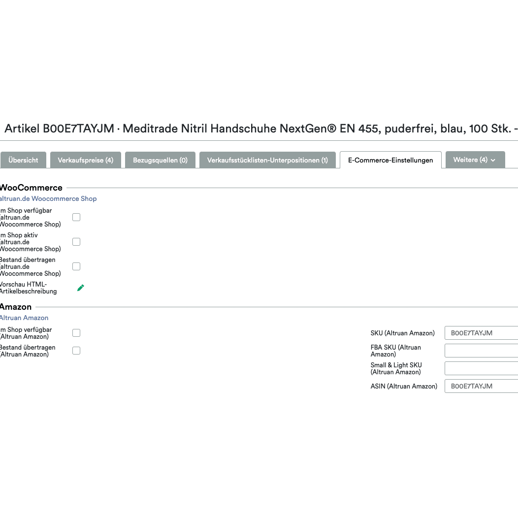 Skärmdump av ett Altruan UnitTable Sync: Weclapp Förpackningsenheter och Stycklistgenerator-gränssnitt som visar listdetaljerna för Meditrade Nitrilhandskar NextGen EN 455. Storlek och kvantitet anges. Även synlig är marknadsplats-S.