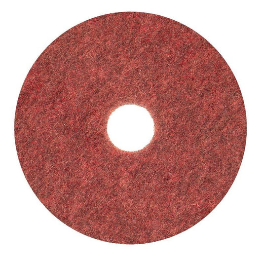 Das Diversey Twister Pad TXP Scheuerpad für Steinböden von Diversey Deutschland GmbH & Co. OHG ist ein kreisförmiges rotes Pad mit rauer Textur und Mittelloch, das für die Reinigung von Steinböden konzipiert wurde (von oben auf weißem Hintergrund).