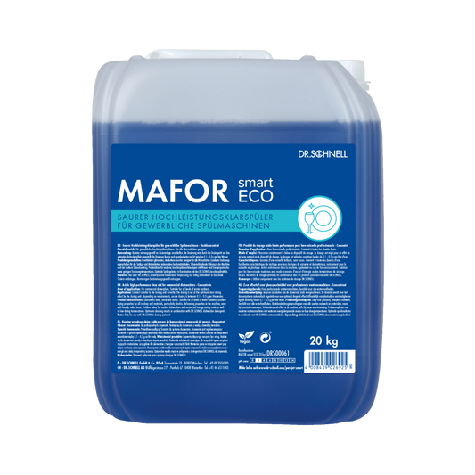 Ein 20 kg-Gebinde Dr. Schnell MAFOR smart ECO der DR.SCHNELL GmbH & Co. KGaA, einem umweltfreundlichen blauen Klarspüler für gewerbliche Geschirrspüler, ist auf dem blauen Etikett mit Produktinformationen und Hinweisen in deutscher Sprache versehen.