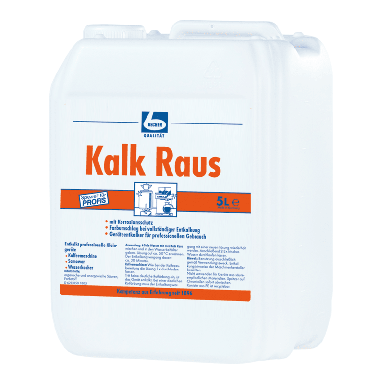 En vit plastkanna med texten ”Dr. Becher ”Kalk Raus Kalklöser för köksutrustning” innehåller 5 liter av ett professionellt avkalkningsmedel med blå och orange märkning samt illustrationer med användningsanvisningar.