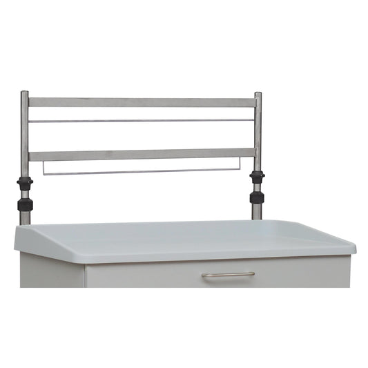 Die Novocal Euroschiene 2-fach, ein höhenverstellbares Metallgestell für die Rückwandmontage, wird über einem weißen Schrank mit Griff und erhöhtem Rand montiert.